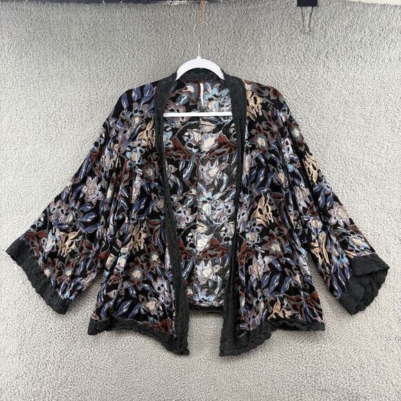 Free People Snap Kimono Lace Trim Open Front Boho Cardigan Dark Florals Witchy - Picture 4 of 14